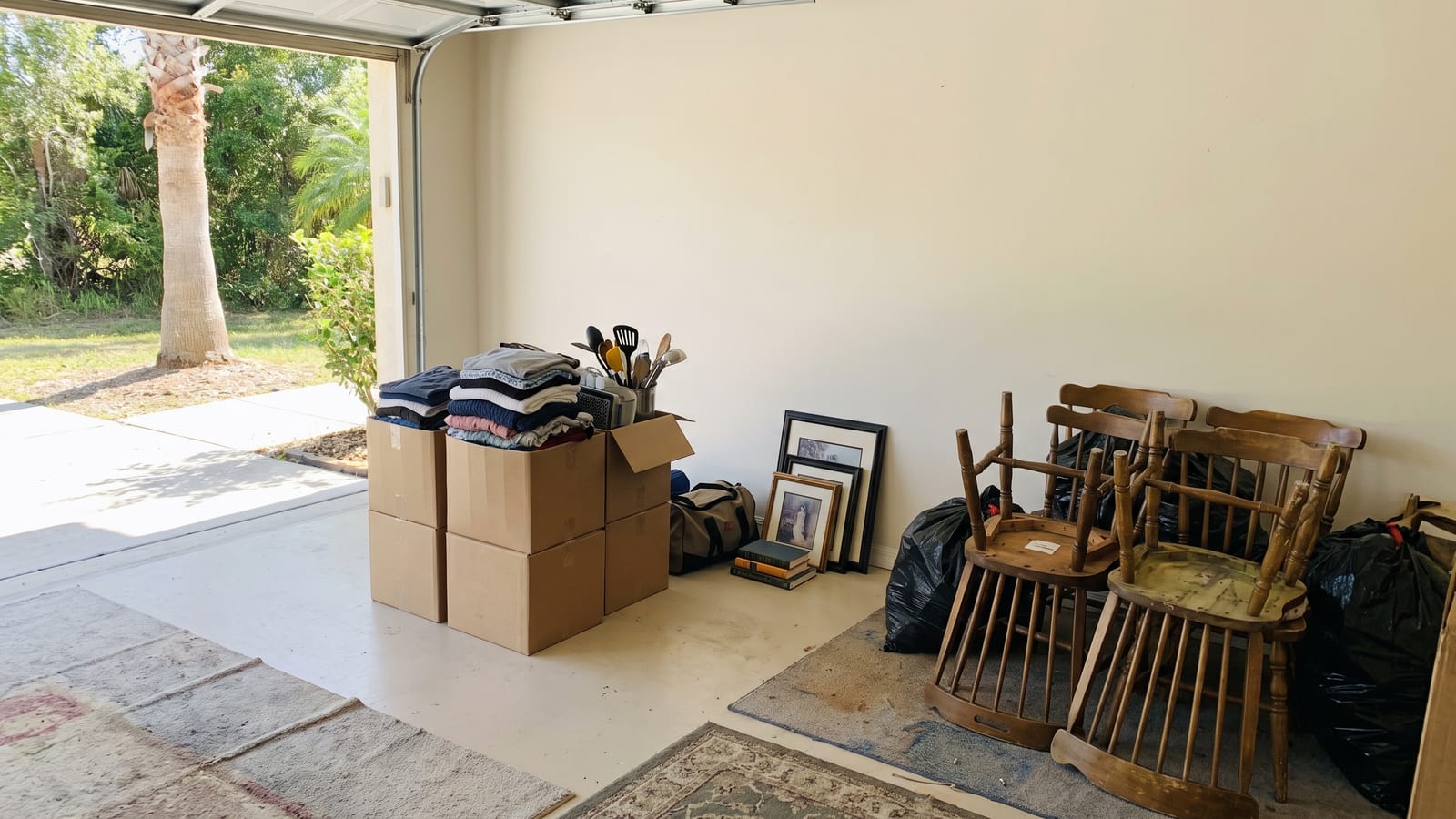 Garaje con cajas de ropa y artículos de cocina listos para donar y sillas viejas listas para desechar