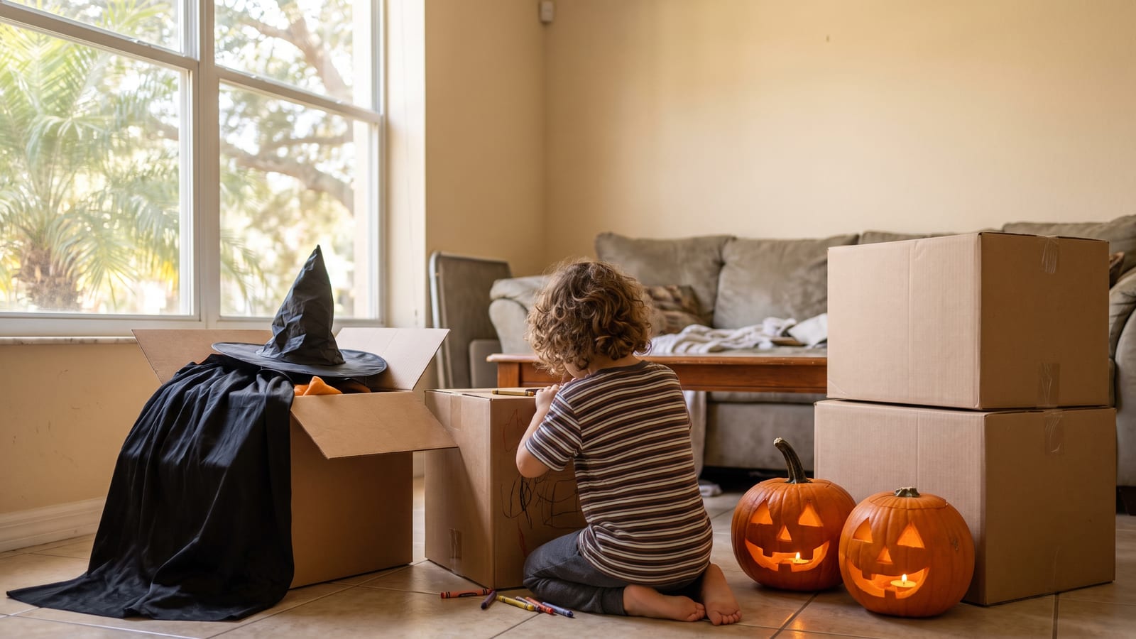 Niño decorando una caja de mudanza junto a calabazas talladas y un disfraz de bruja en una sala