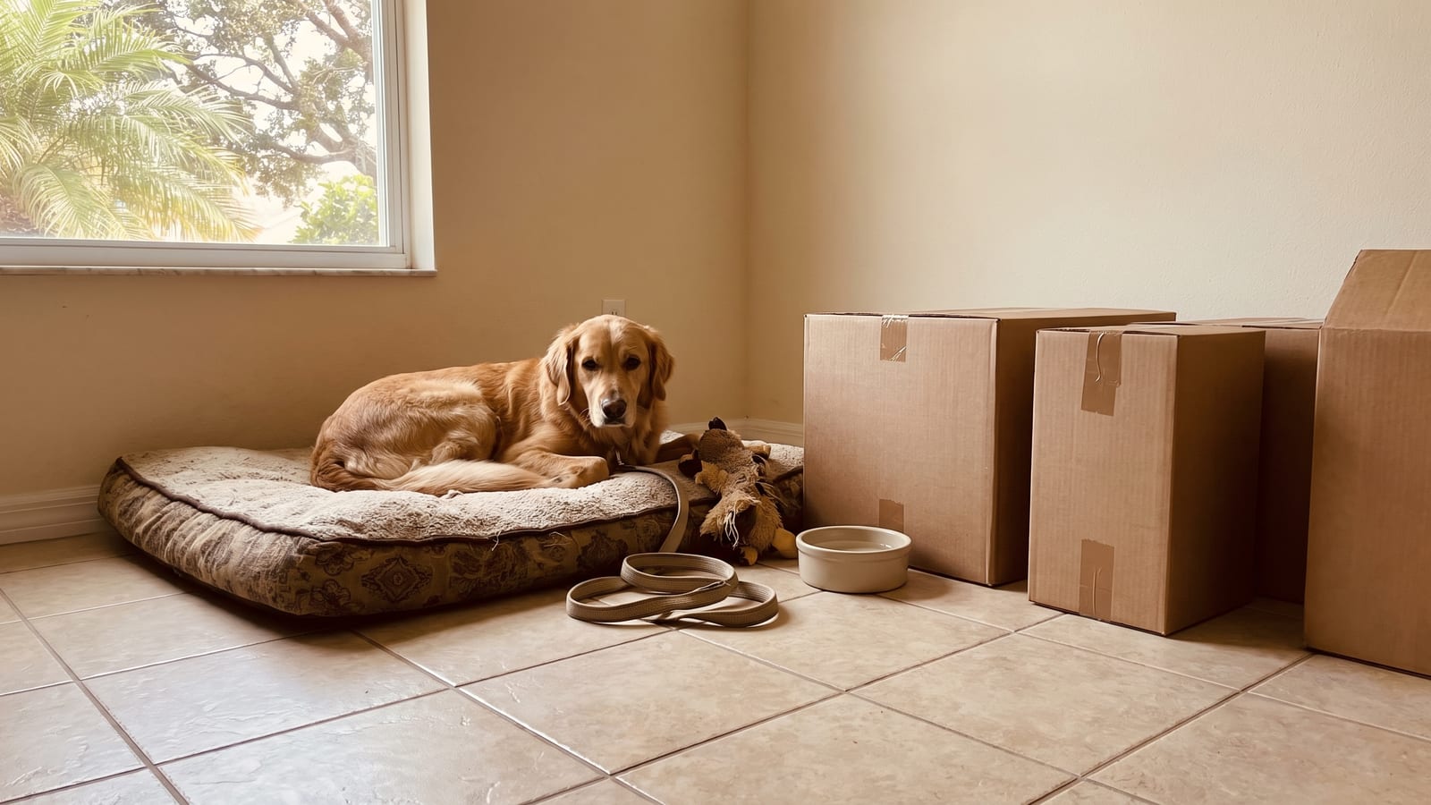 Perro descansando en su cama junto a cajas de mudanza, una correa y un plato de agua