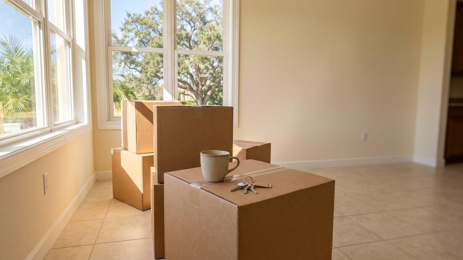 Llaves de la casa y una taza de café sobre una caja de mudanza en una sala vacía y soleada