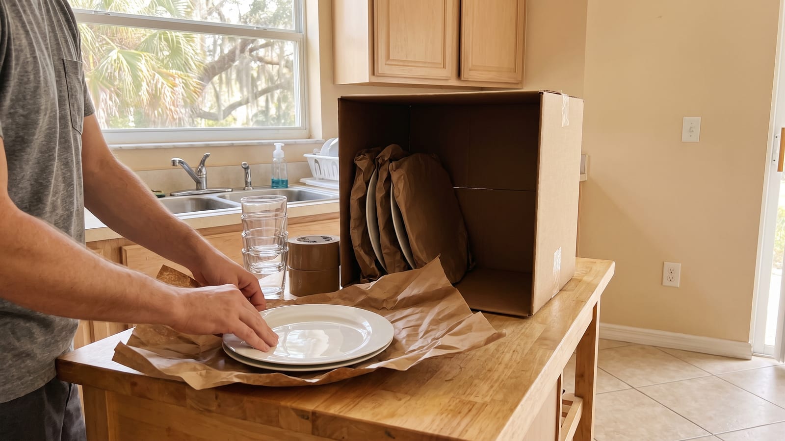 Manos envolviendo un plato blanco en papel de empaque junto a una caja con platos envueltos