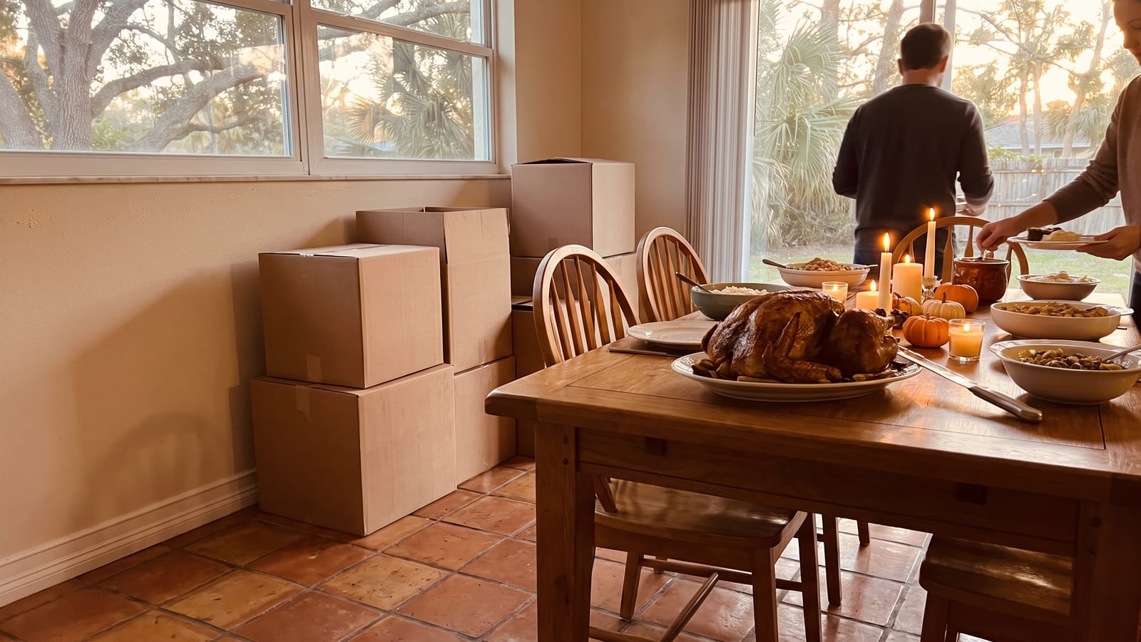 Cena de Thanksgiving en una mesa de comedor con cajas de mudanza apiladas contra la pared